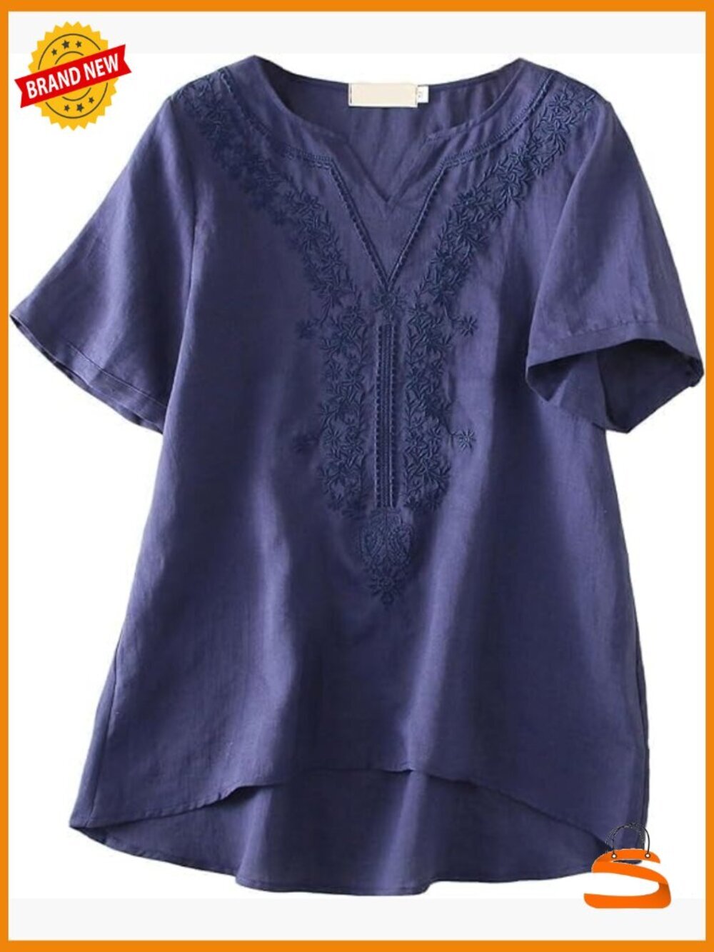 Women's Linen Boho Blouse V-Neck Short Sleeve Embroidered Tunic Top